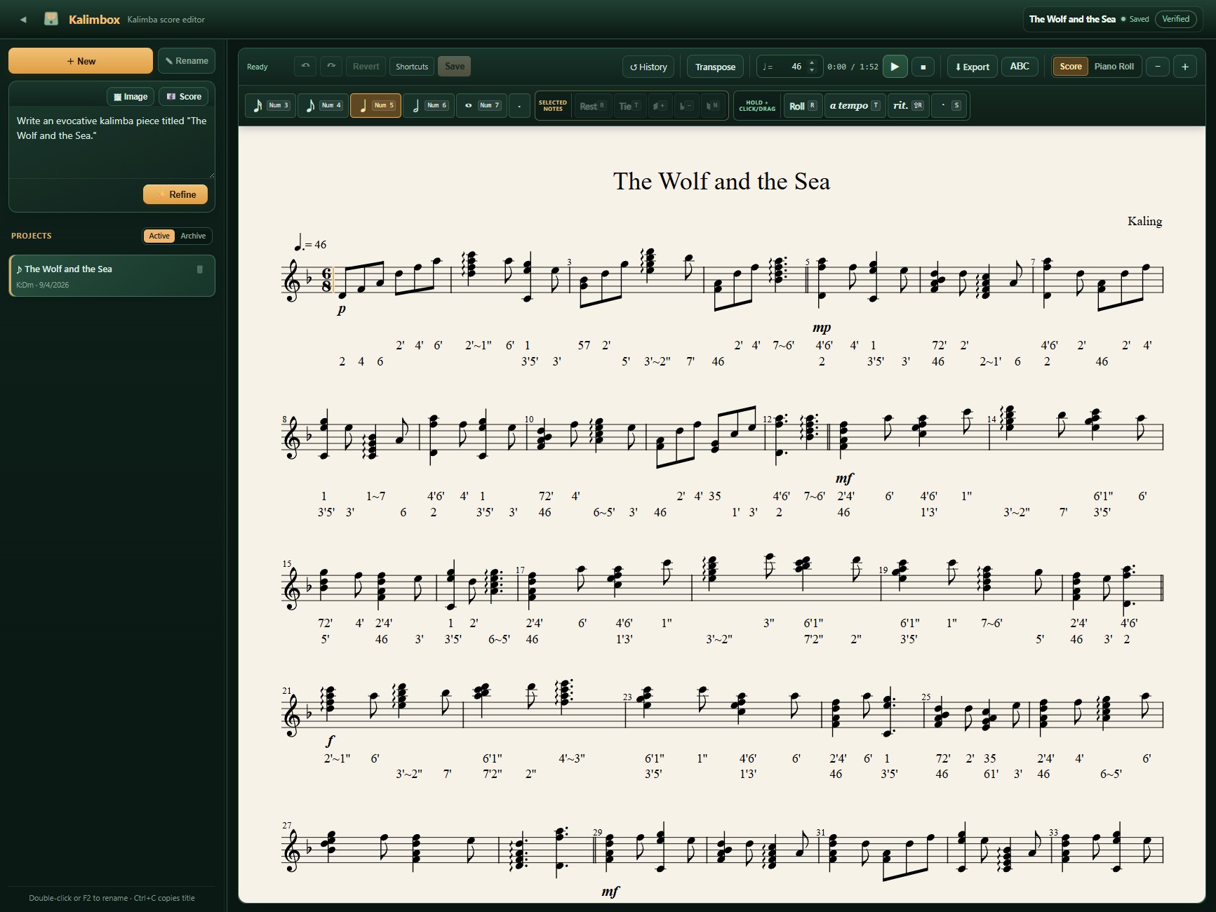 Kalimbox editor showing the AI-composed score The Wolf and the Sea, with prompt, notation editing tools, playback, and verification status